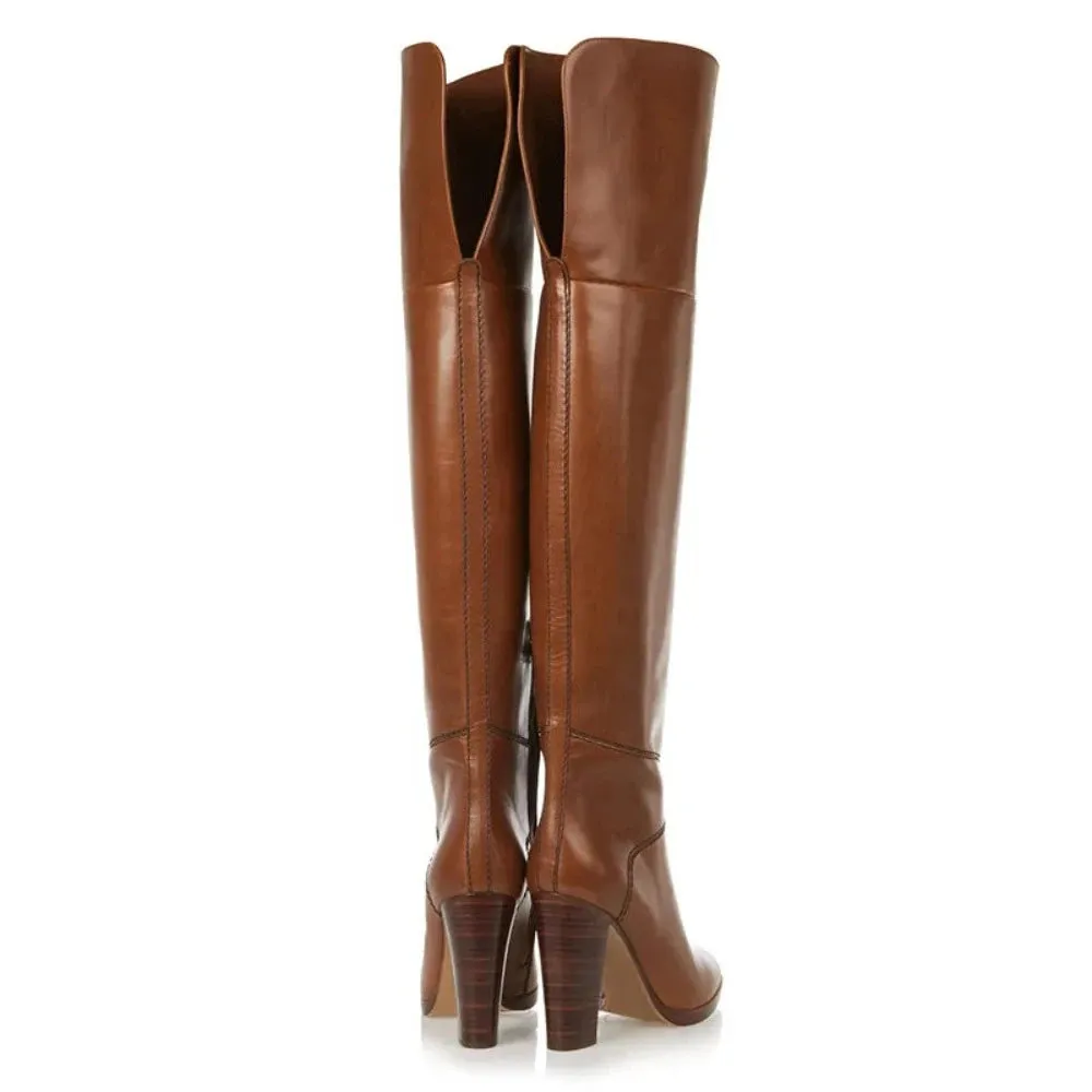 Trend4us Women's Brown Knee-High Leather High Block Heel Boots