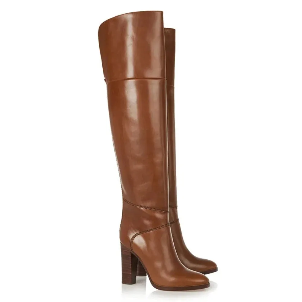 Trend4us Women's Brown Knee-High Leather High Block Heel Boots