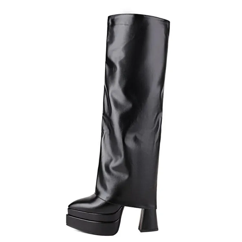 Trend4us Women's Overlay chunky Heel Knee-High Boots