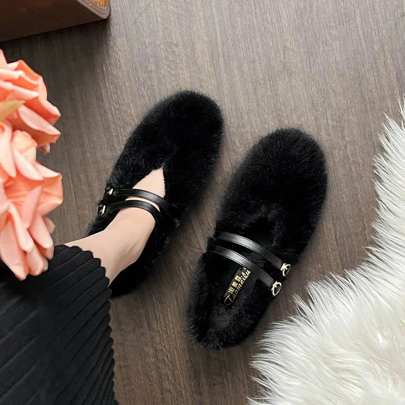 Uniwim 2024 New Designer Mary Janes Fur Flats Women Ankle Double Belt Winter Casual Shoes Plus Size 43 Furry Plush Moccasins for Women