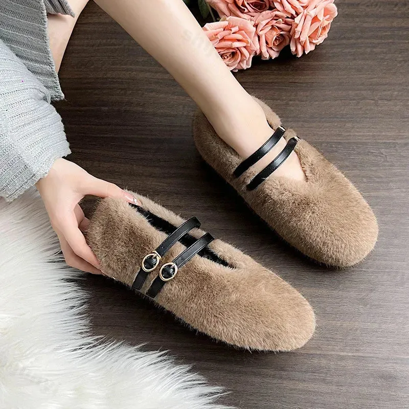 Uniwim 2024 New Designer Mary Janes Fur Flats Women Ankle Double Belt Winter Casual Shoes Plus Size 43 Furry Plush Moccasins for Women