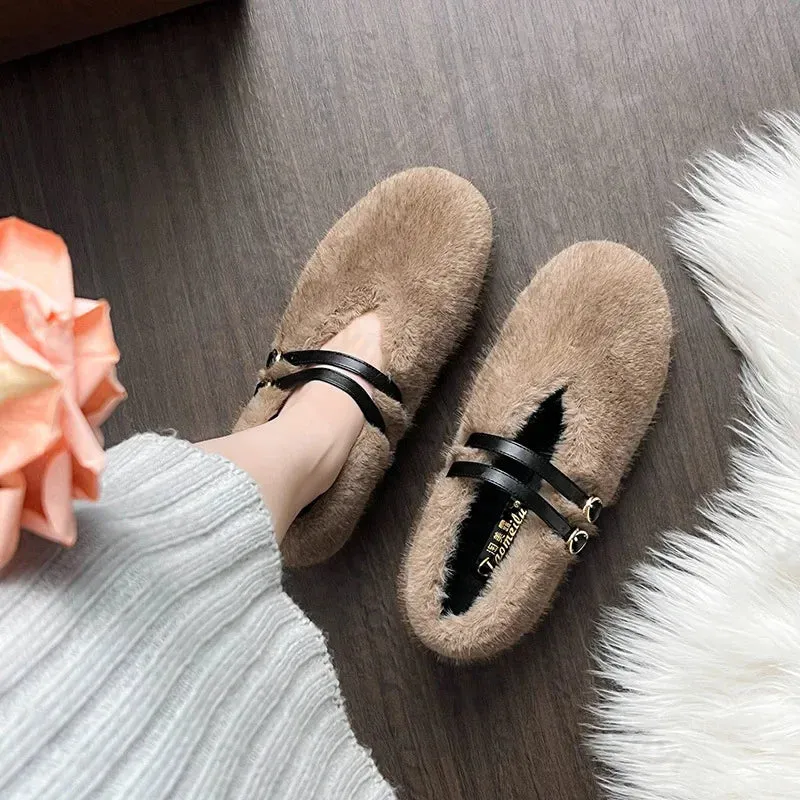 Uniwim 2024 New Designer Mary Janes Fur Flats Women Ankle Double Belt Winter Casual Shoes Plus Size 43 Furry Plush Moccasins for Women