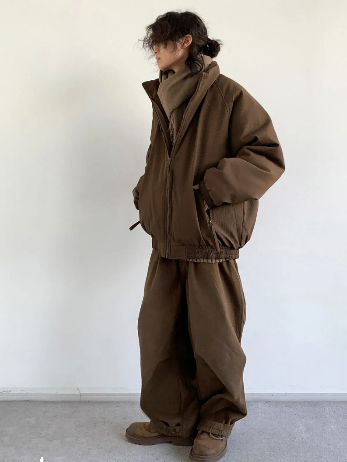 WLS Brown Vertical Striped Retro Winter Jacket