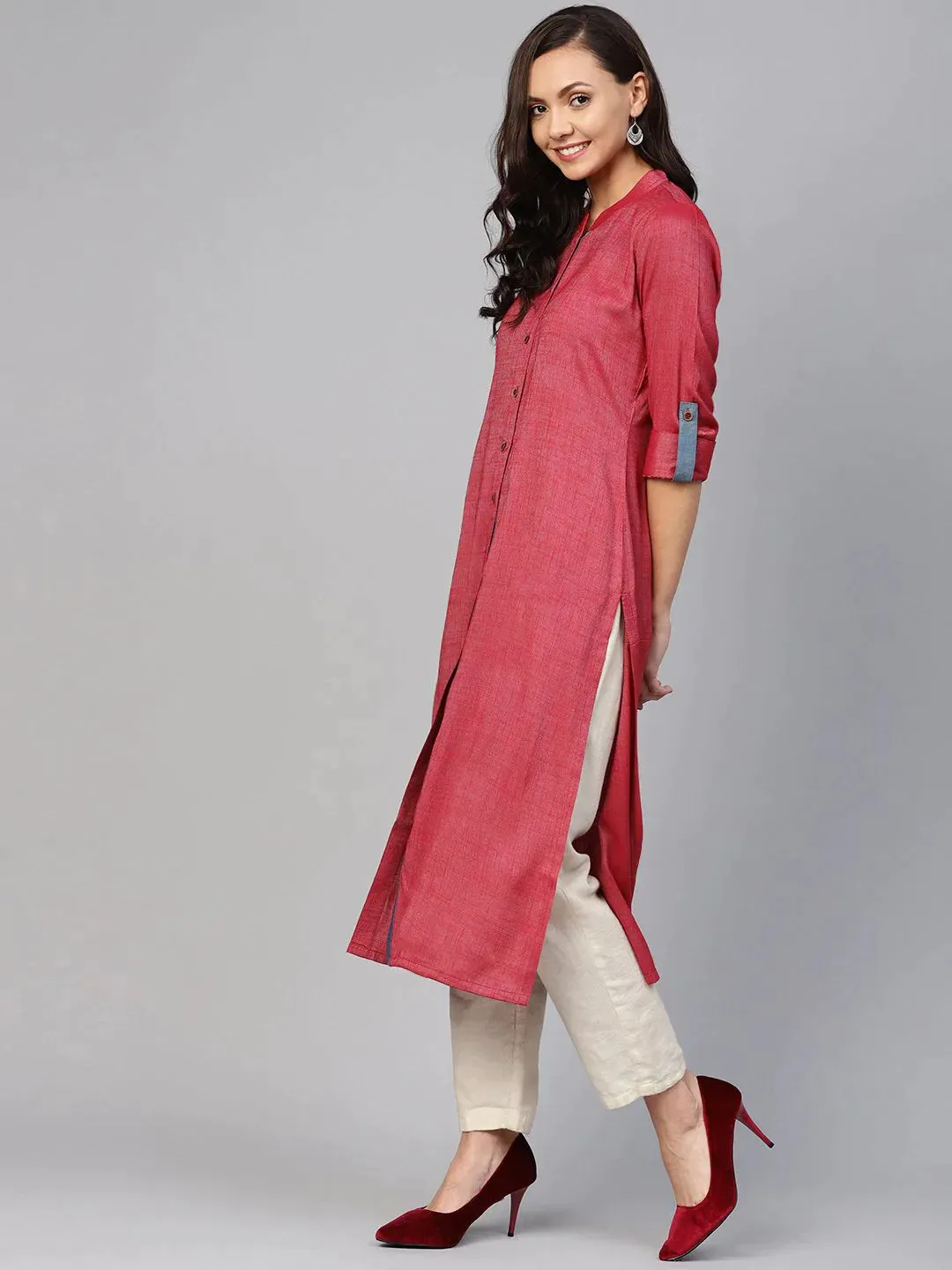 Women Maroon Woven Design Straight Rayon Kurta With Trousers