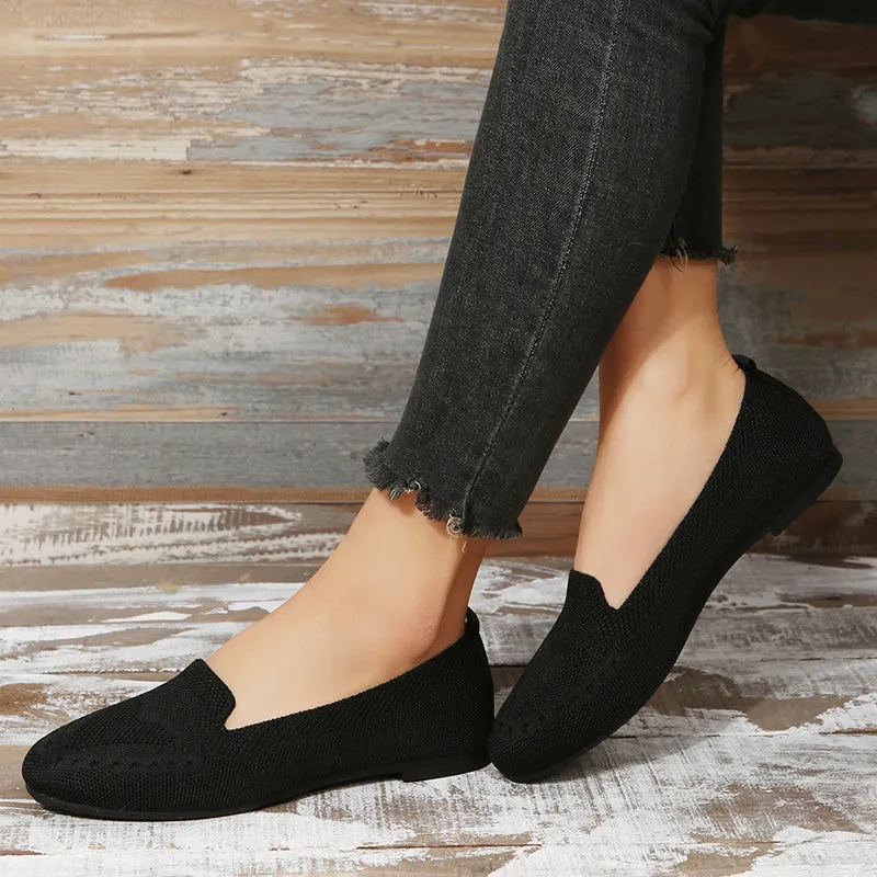 Women's Black Slip-On Flats - Breathable Knitted Round Toe Non-Slip Casual Lightweight Walking Shoes