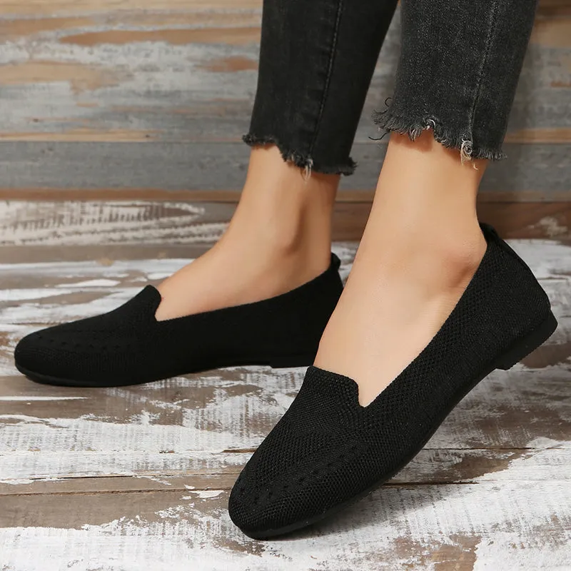 Women's Black Slip-On Flats - Breathable Knitted Round Toe Non-Slip Casual Lightweight Walking Shoes